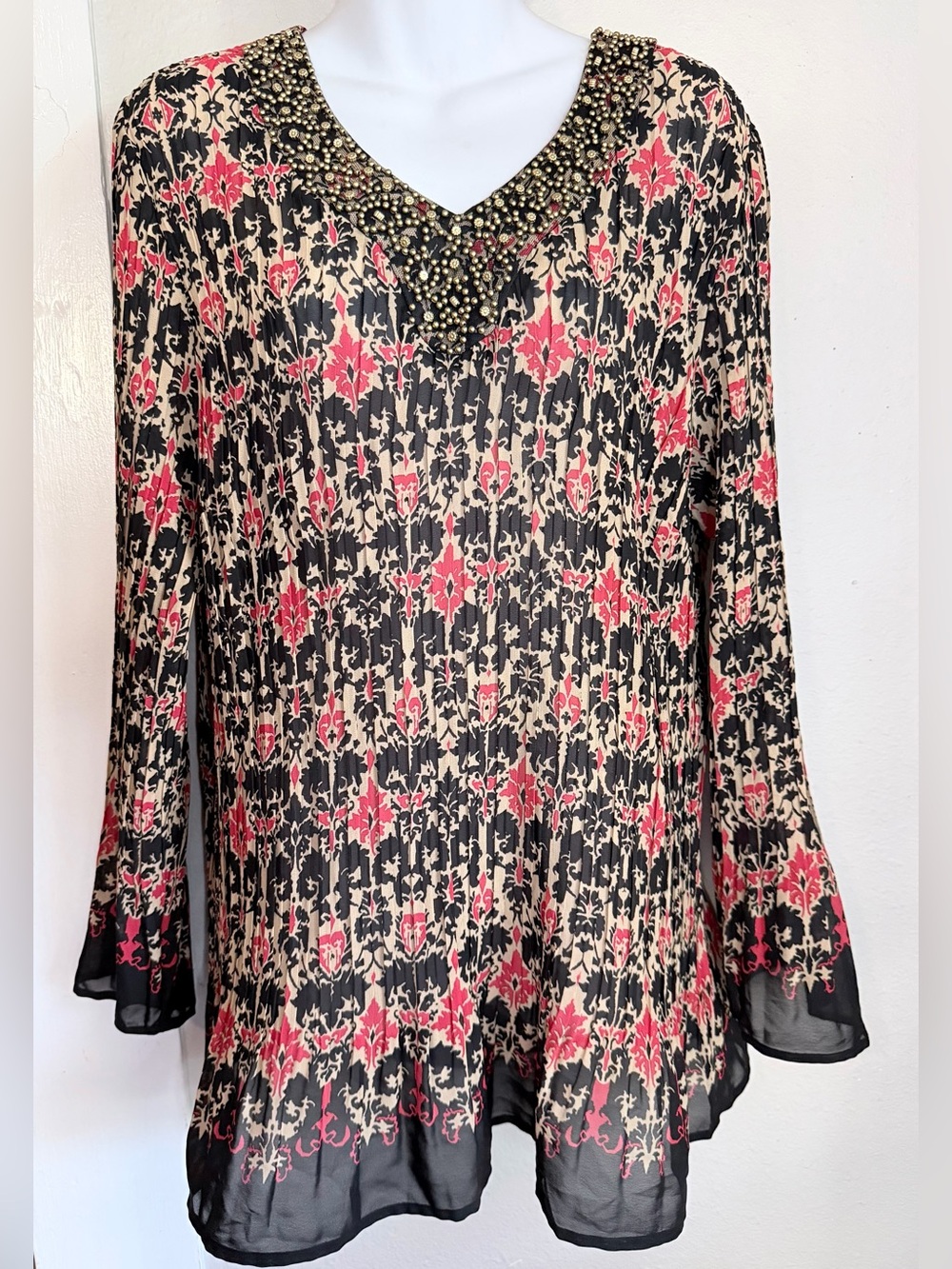Fashion Bug Red Black baroque pattern long sleeve blouse 1X